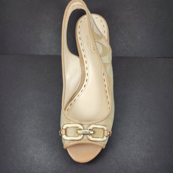 EUC - Coach Cynthia Signature Wedge Peep Toe Sandal Khaki Size 6B - Picture 10 of 16